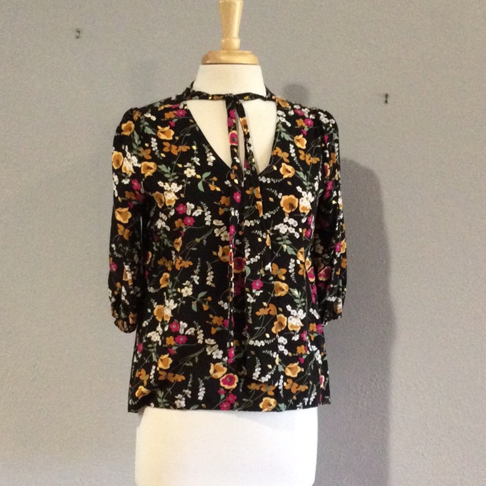Harve Benard Deep Chocolate Brown Floral Tie Neck 3/4 Sleeve Blouse Size Small